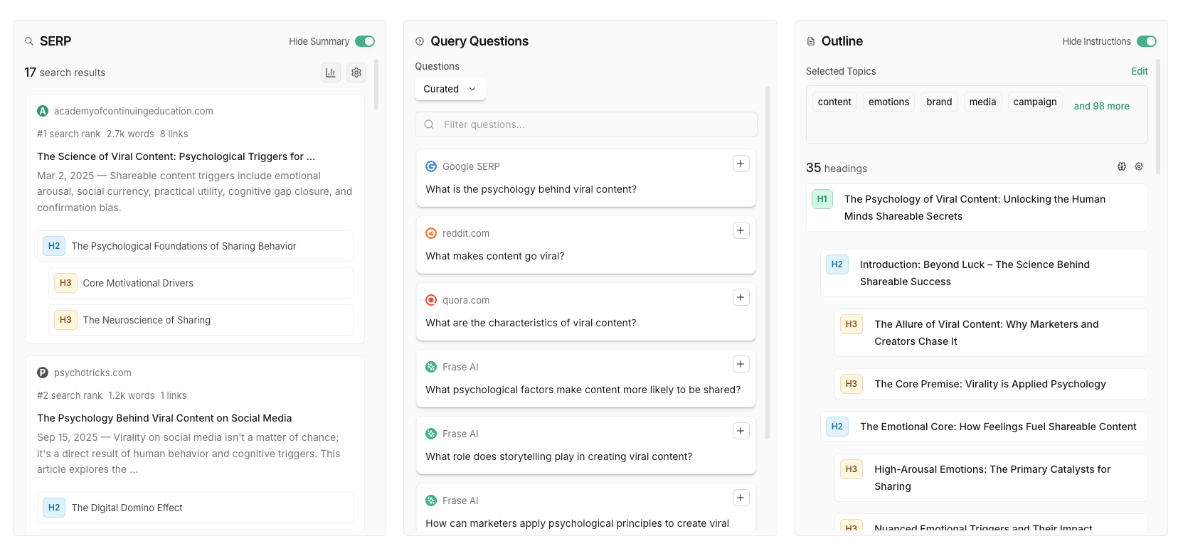 Frase SEO research tool showing SERP analysis, People Also Ask questions, and AI-generated content outline