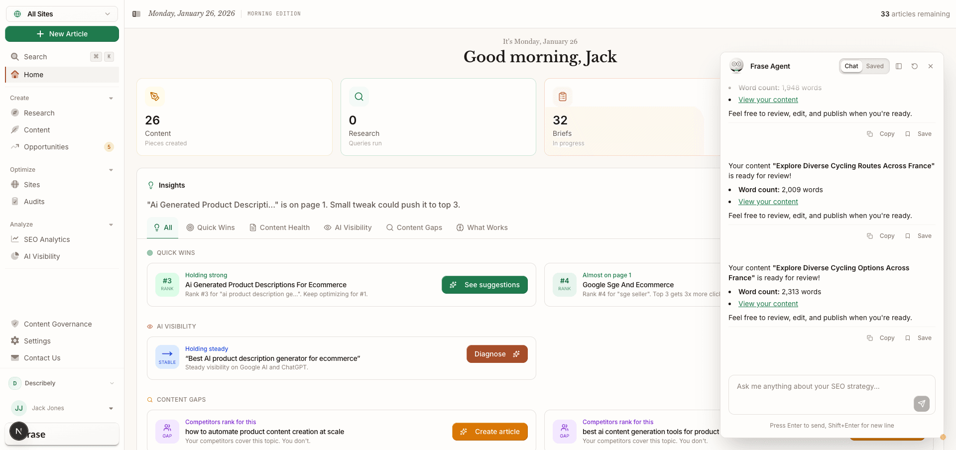 Frase Agent interface showing AI-powered content creation with insights dashboard, quick wins, AI visibility tracking, and content gap analysis