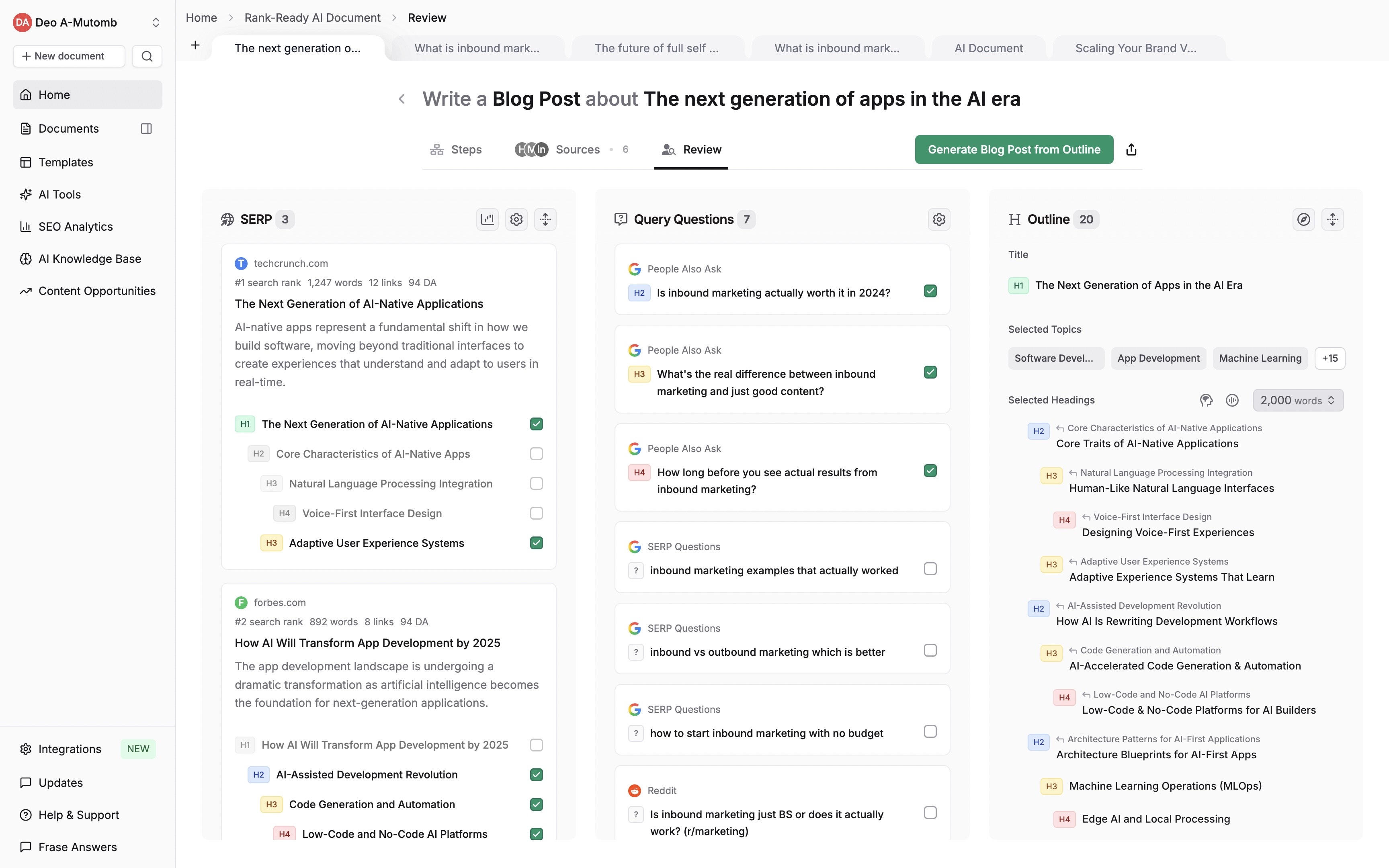 Frase SEO research showing SERP analysis and outline generation