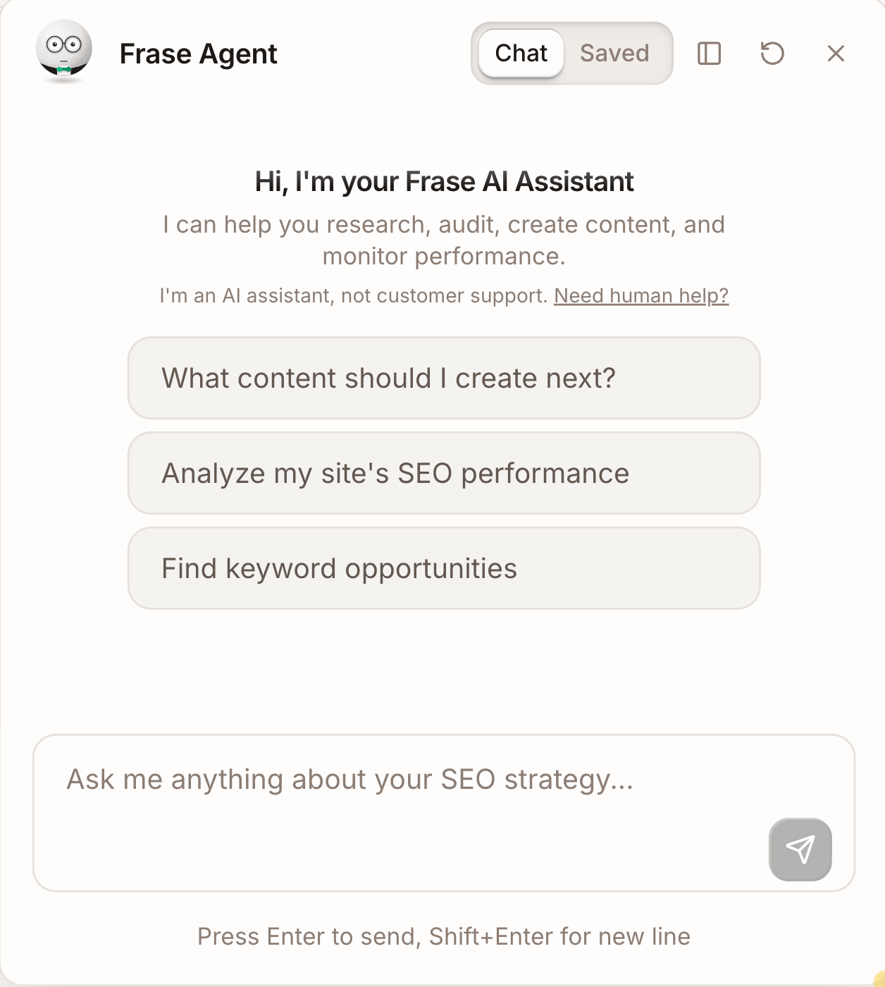 Frase AI Agent chat interface for SEO content strategy - research, audit, create content, and monitor performance