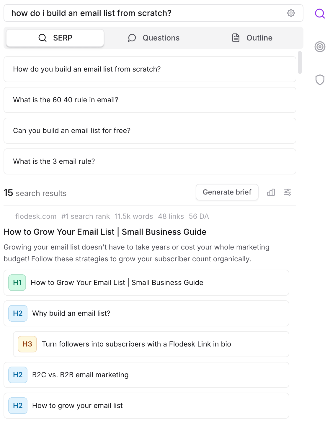 Frase Site Auditor showing content structure analysis with SEO scoring and optimization recommendations