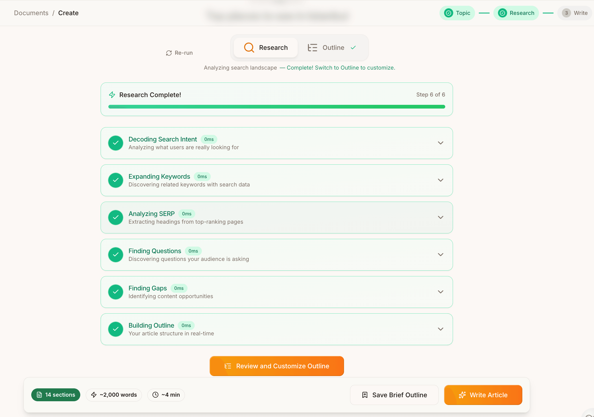Frase SERP research showing top Google results analysis for content optimization