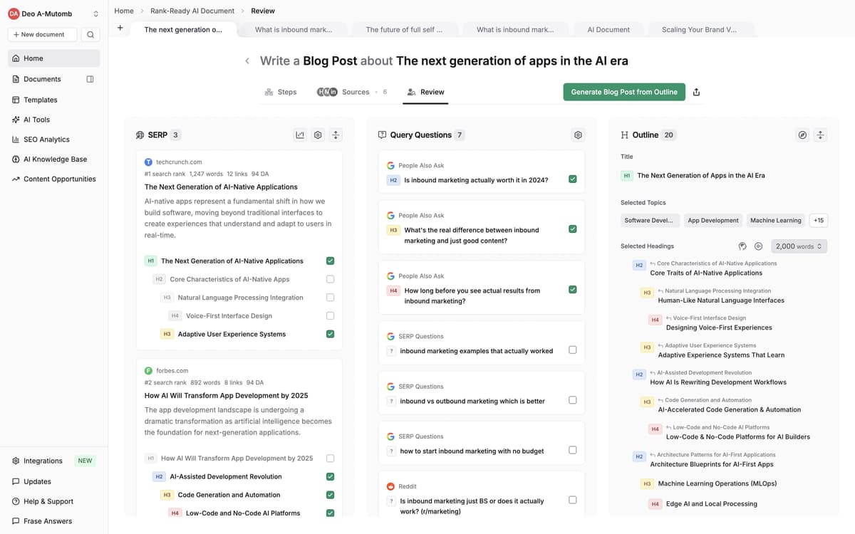 Frase questions tab showing curated questions for AI search optimization and GEO