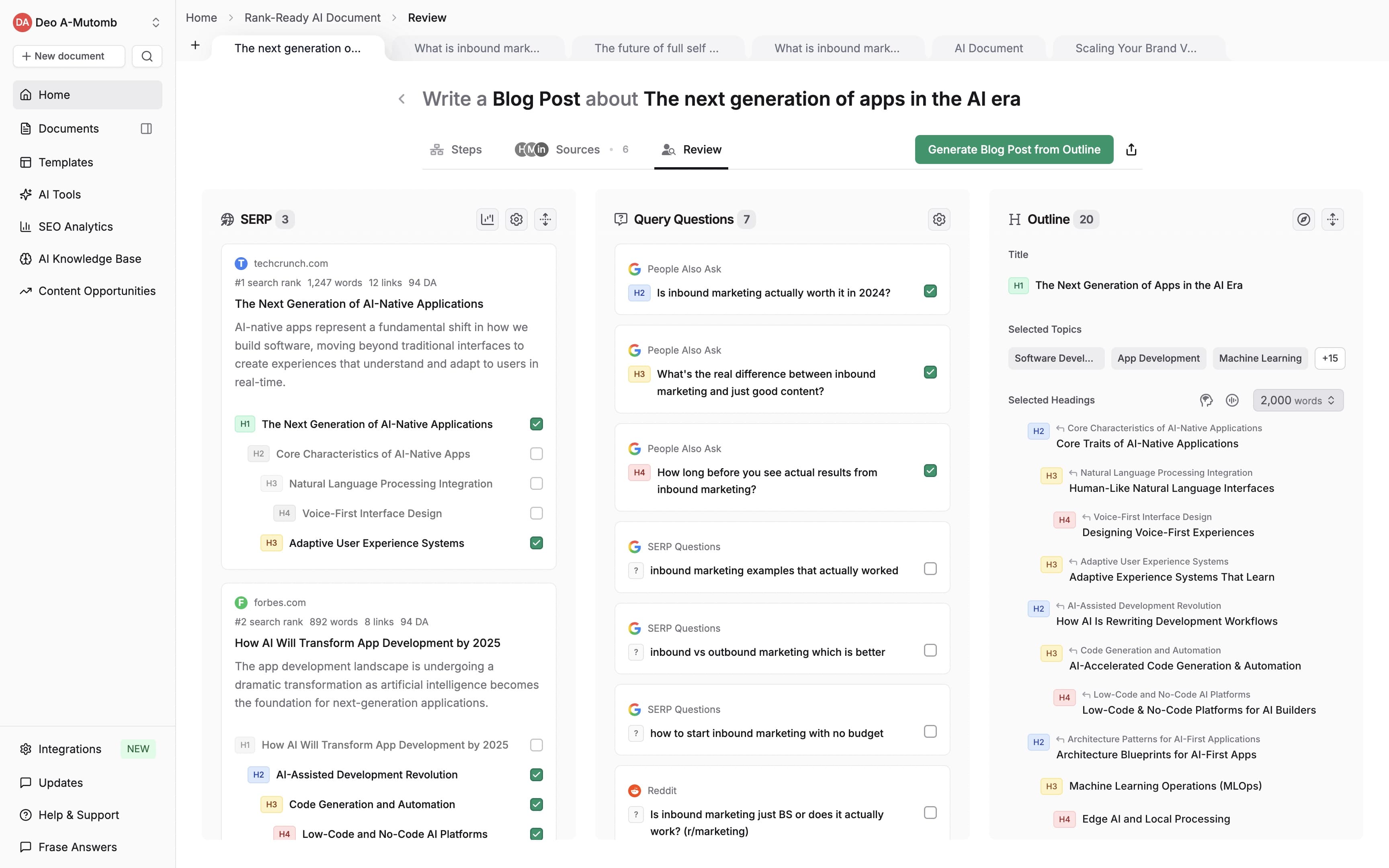 Frase research interface showing SERP analysis and outline