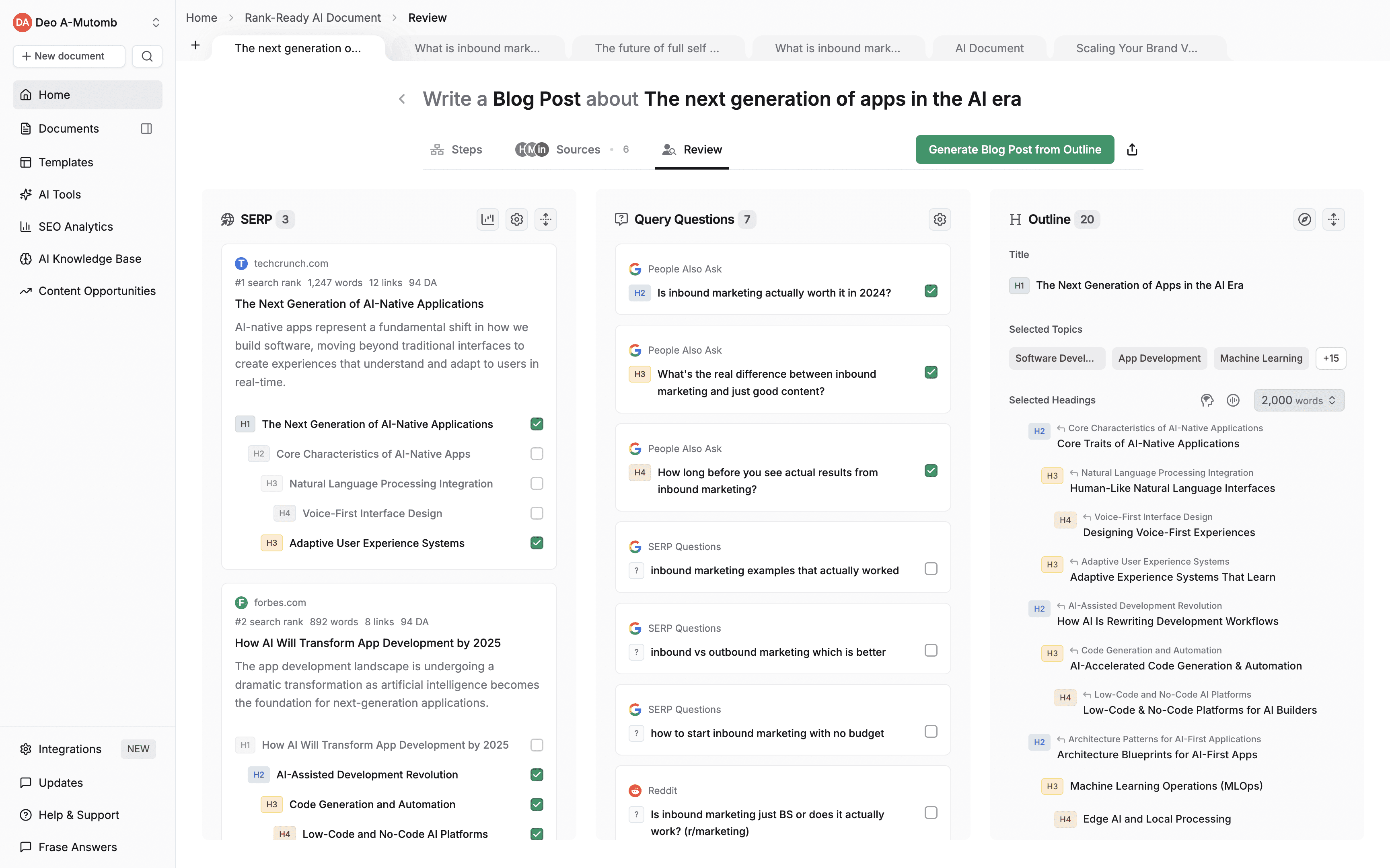 Frase research interface showing SERP analysis and outline