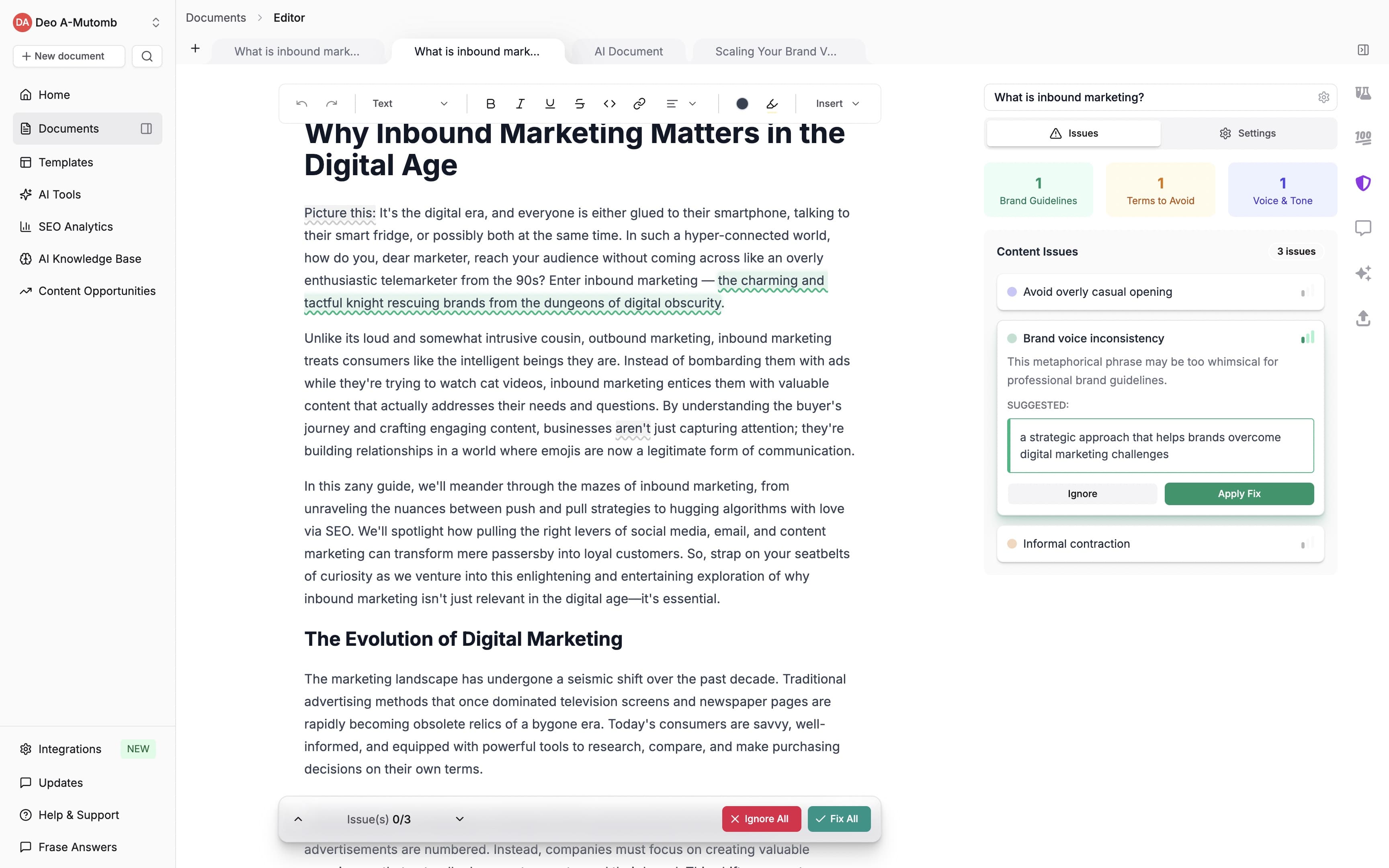 Frase brand voice and content rules governance