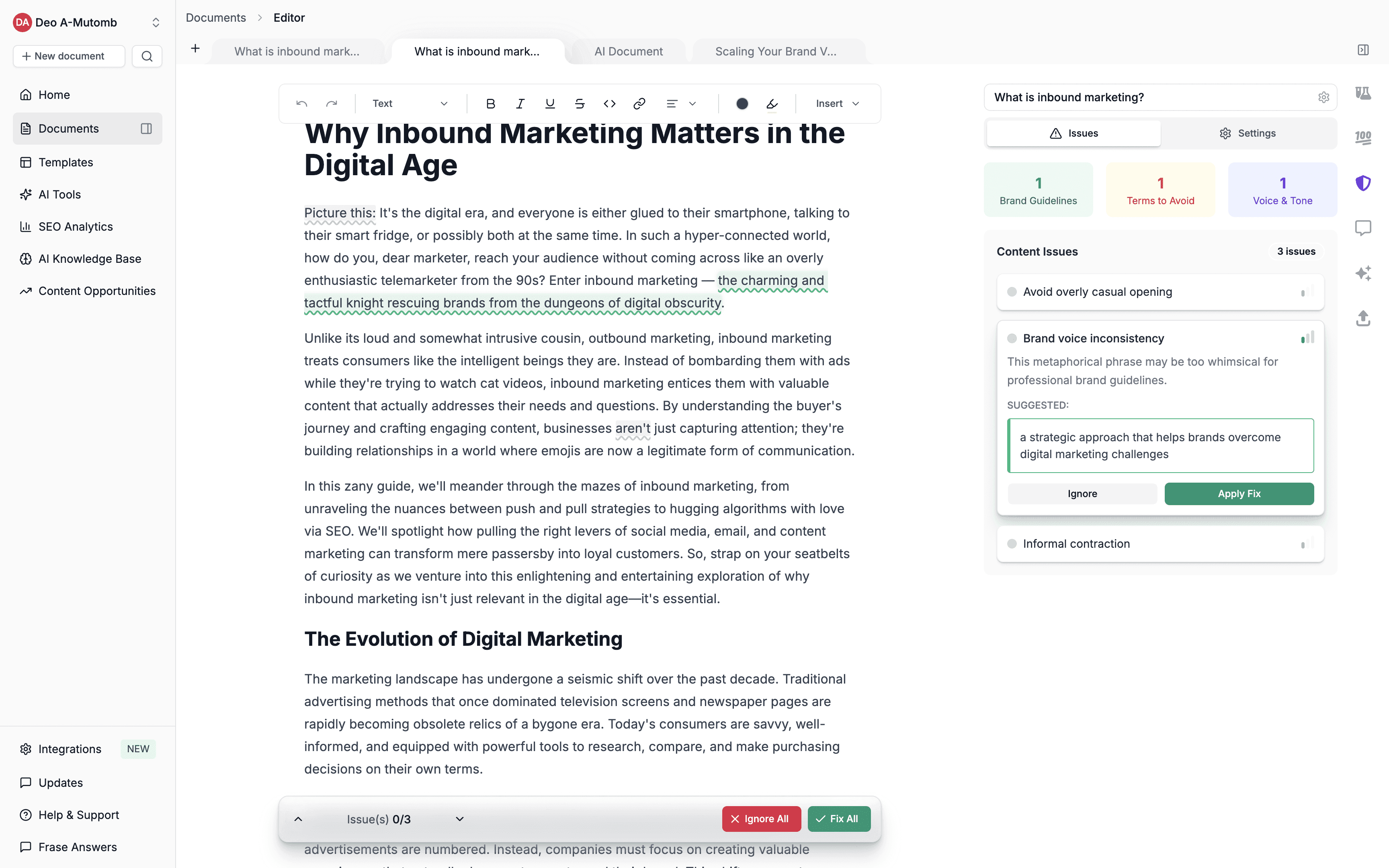 Frase brand voice and content rules governance