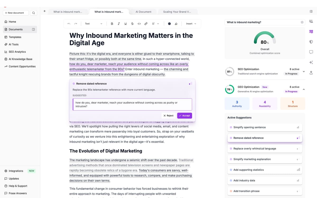 Frase combined SEO and GEO optimization scores showing dual content performance