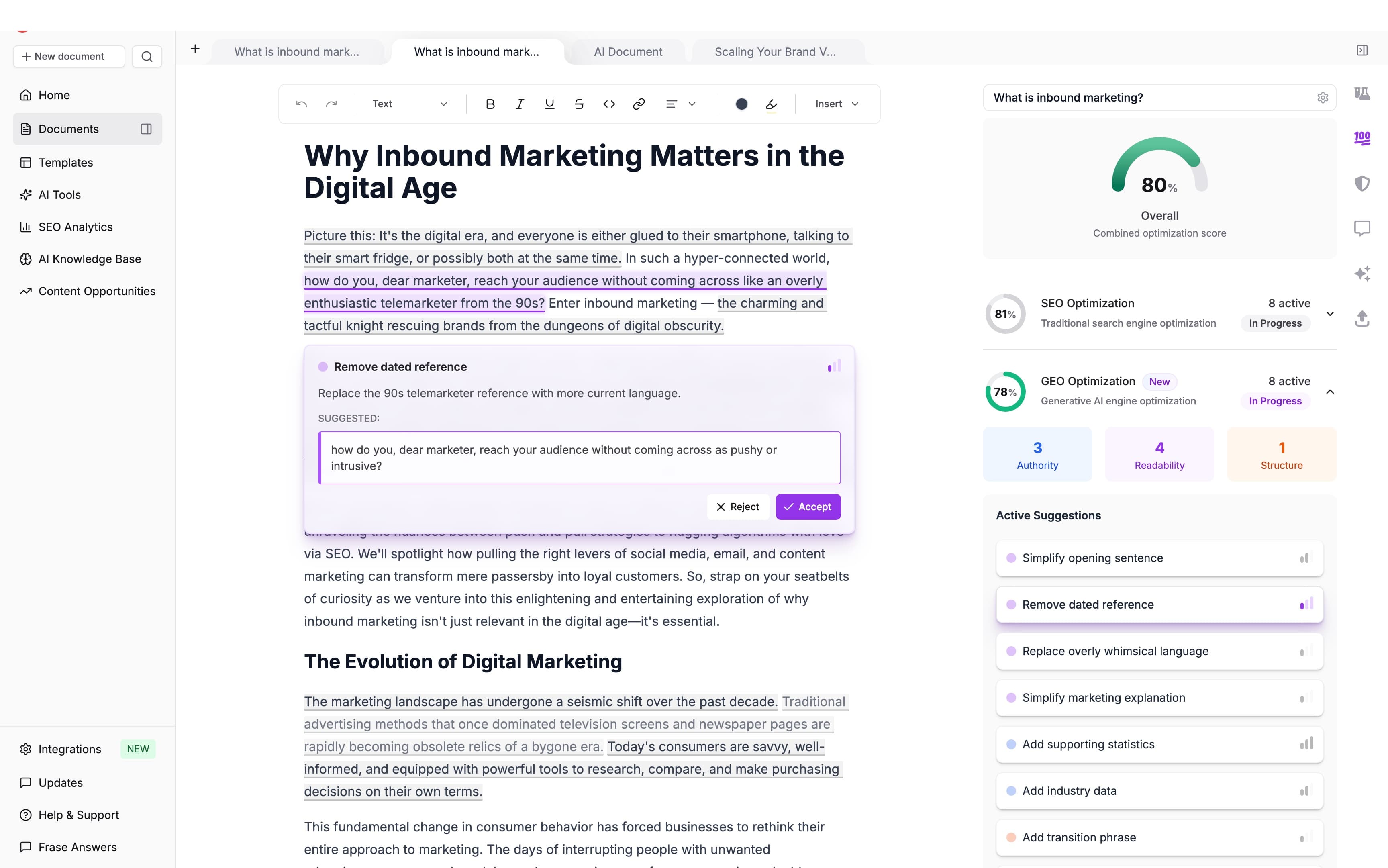 Frase editor with SEO and GEO optimization scores