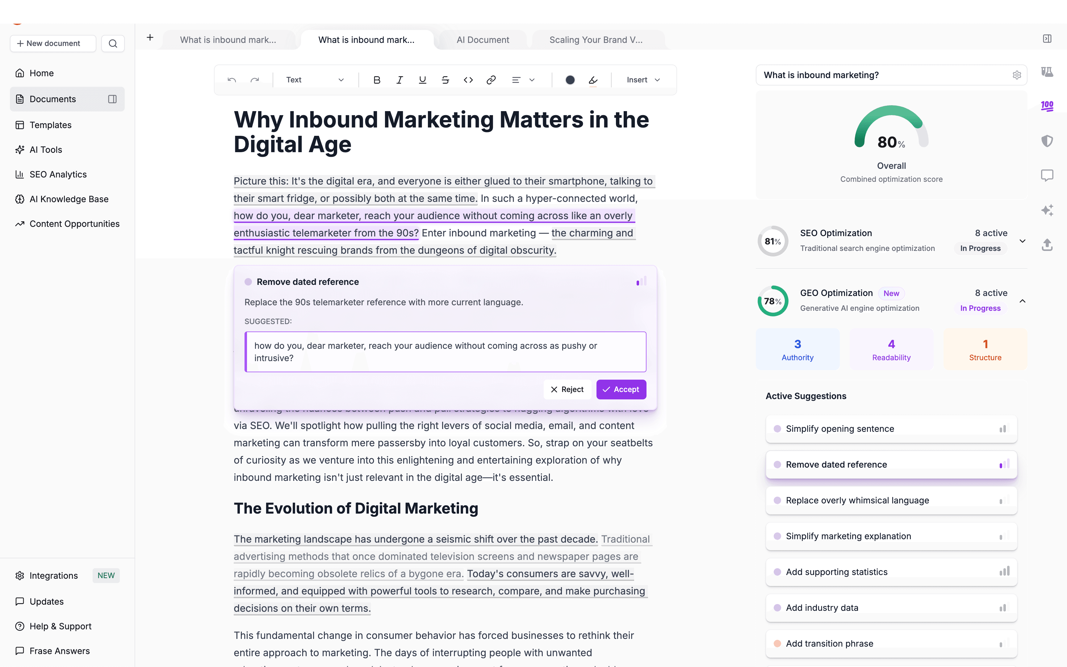 Frase dashboard showing AI content optimization