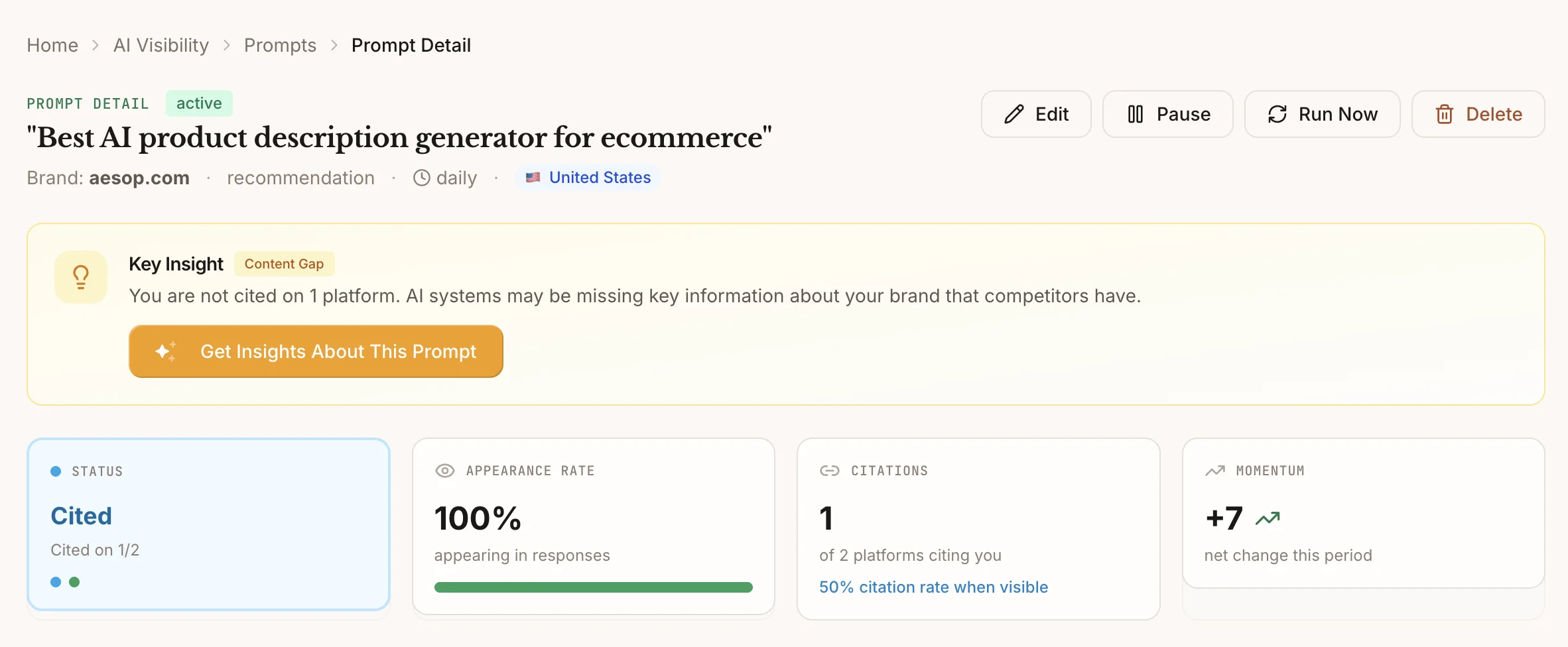 Frase Prompt Detail view showing Cited status, Appearance Rate, Citation count, Momentum score, and Key Insight