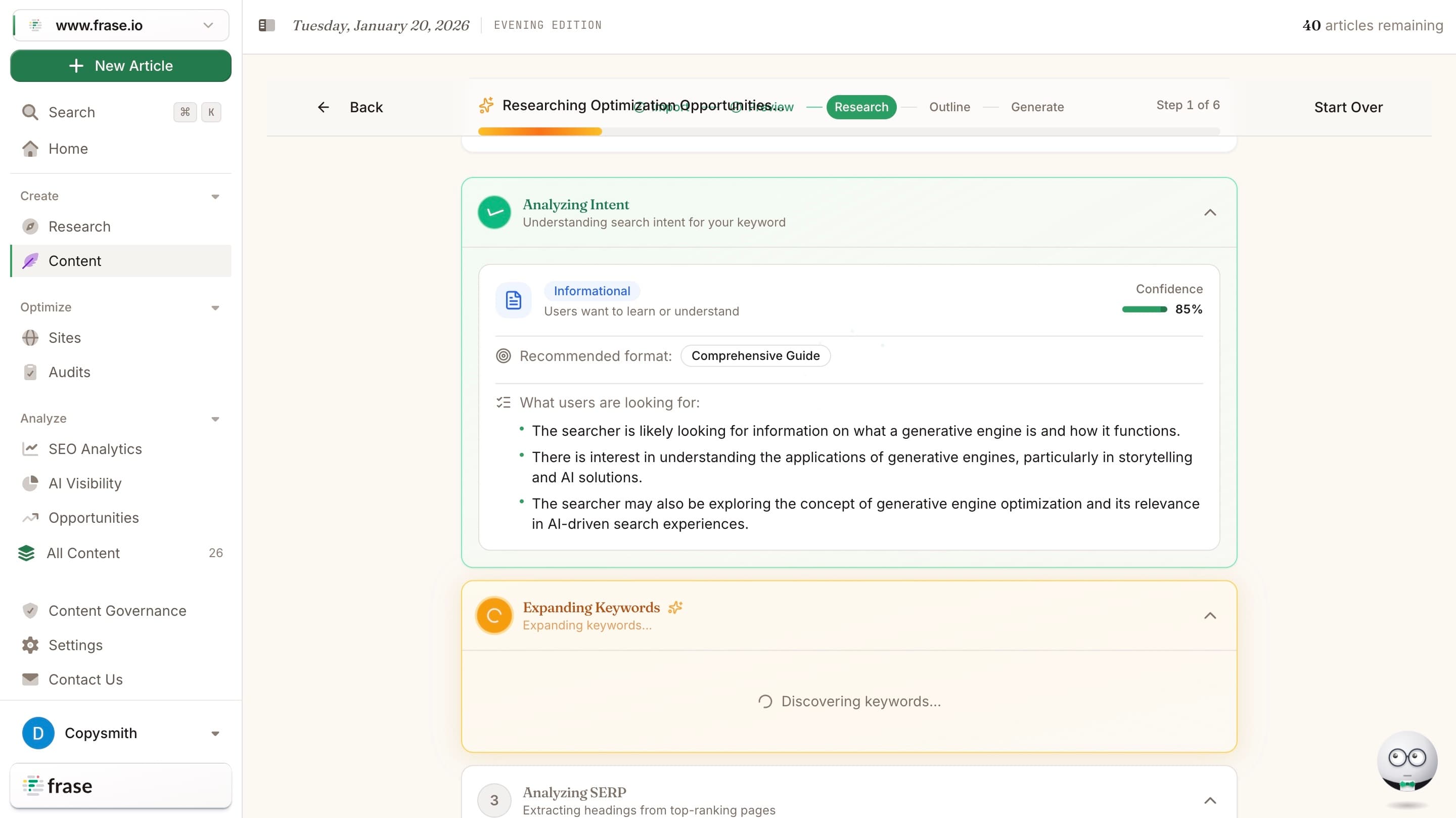 Frase Question Research tool showing content research with search intent analysis and multi-source insights
