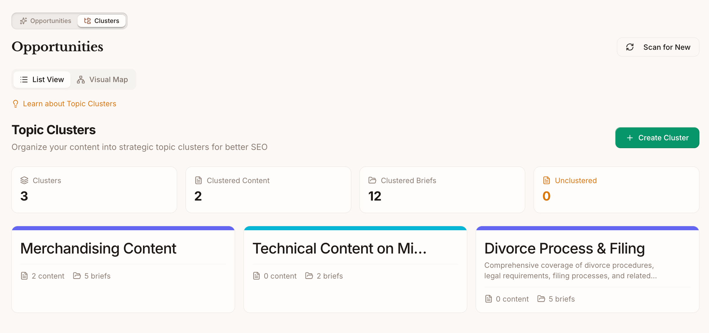 Frase Topic Clusters dashboard showing content organization with cluster statistics, pillar pages, and supporting content grouped by topic for SEO strategy