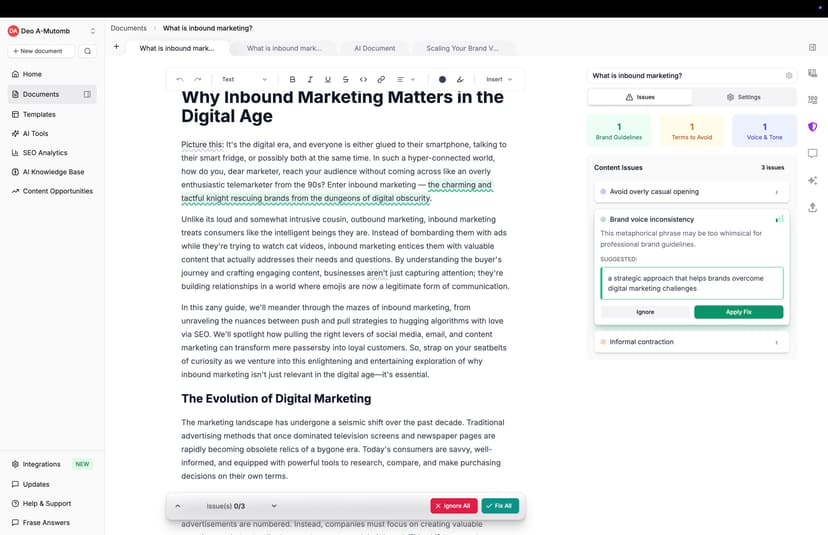 Frase monitoring interface showing governance and brand voice