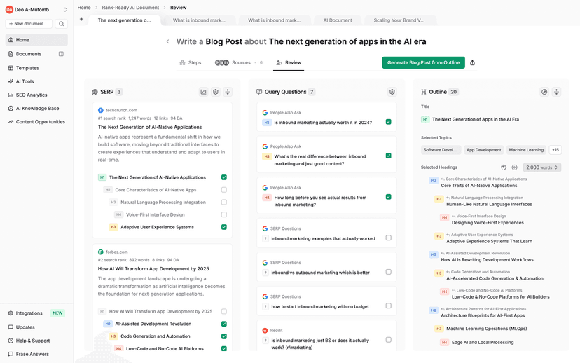 Frase research interface showing SERP analysis and content planning