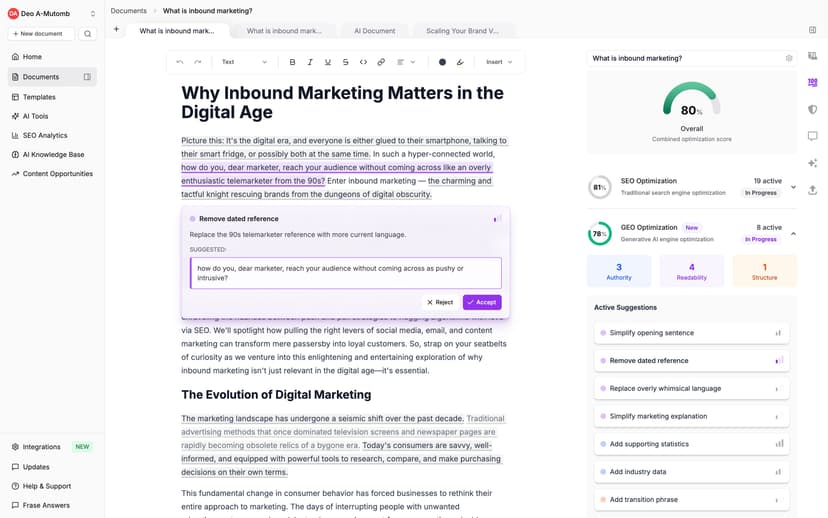 Frase writing interface with real-time optimization