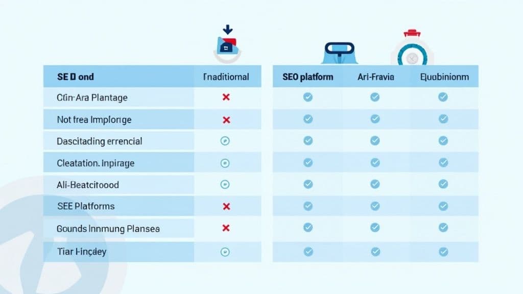 A clean flat-style diagram comparing traditional SEO tools with AI-powered SEO platforms