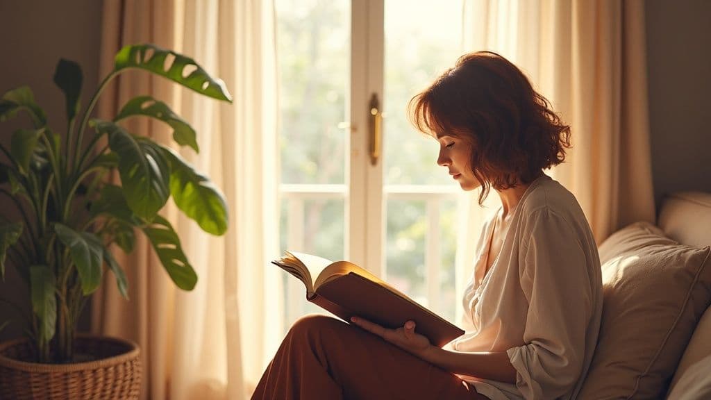 Photo of woman reading book by window in warm, cozy interior space