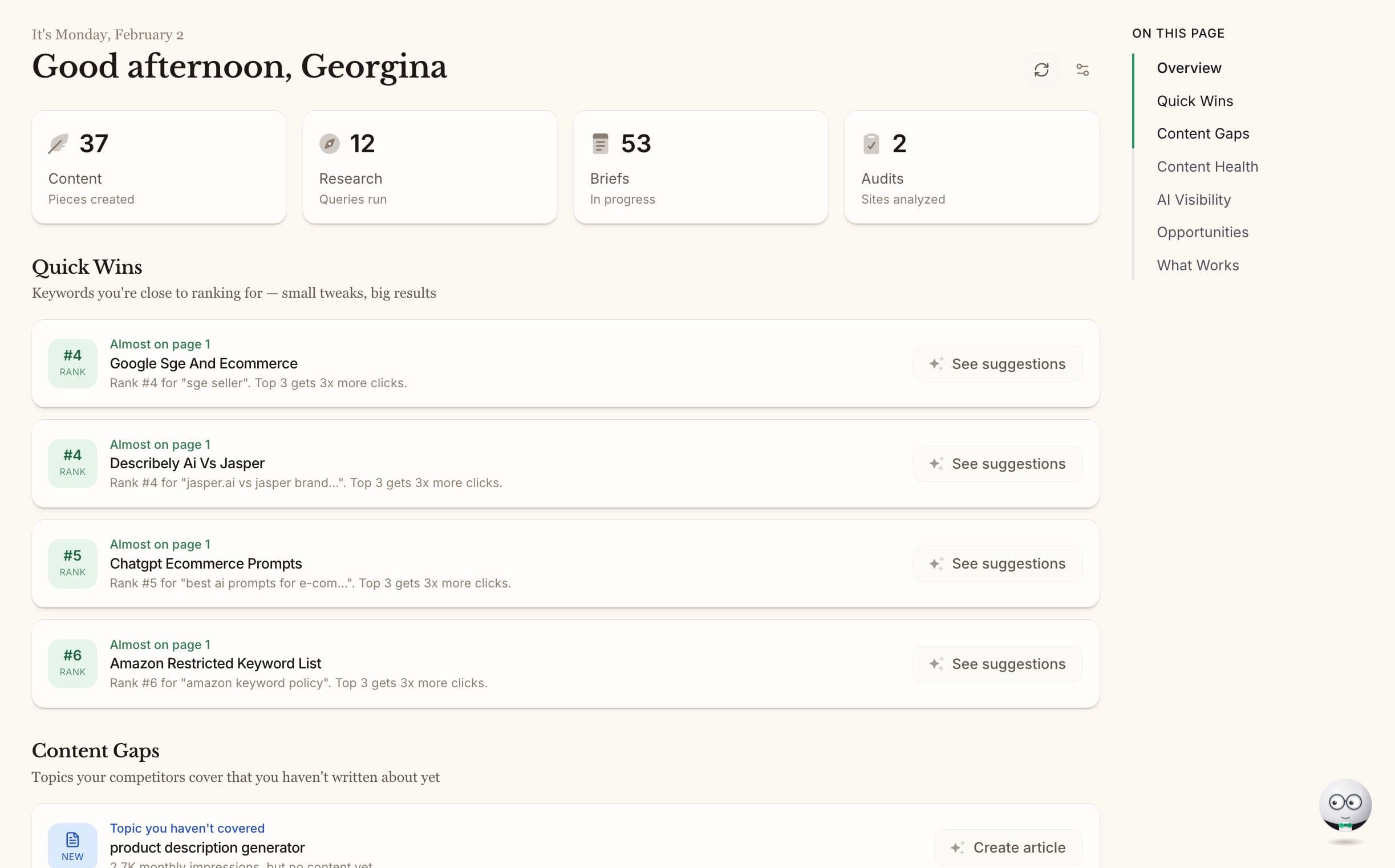 Frash dashboard displaying latest content opportunities