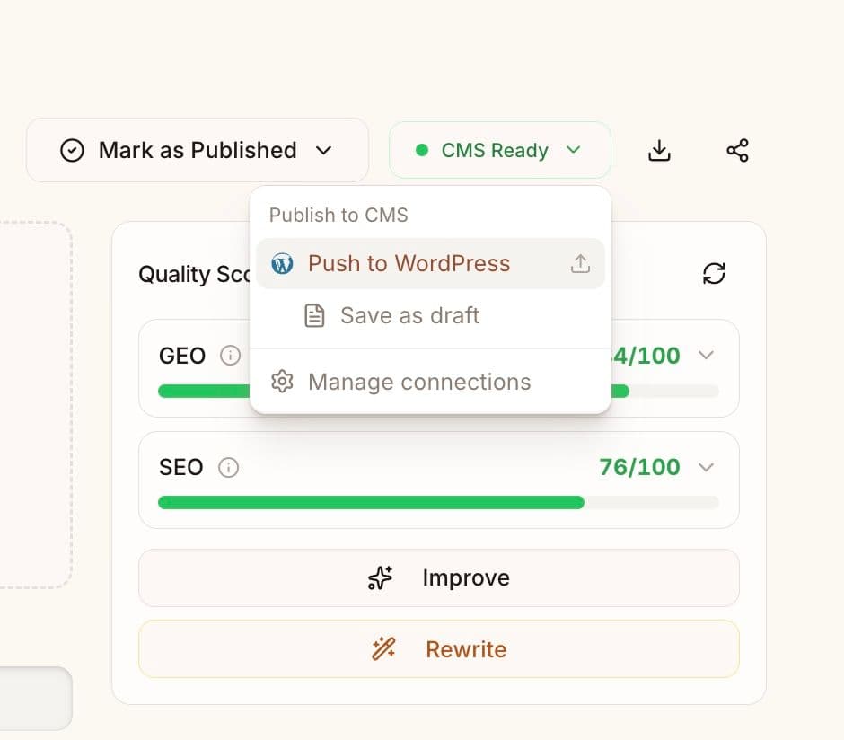 image shows zoomed in view of the Frase article writer page, highlighting the drop down menu under 'CMS ready where you can click 'push to WordPress'