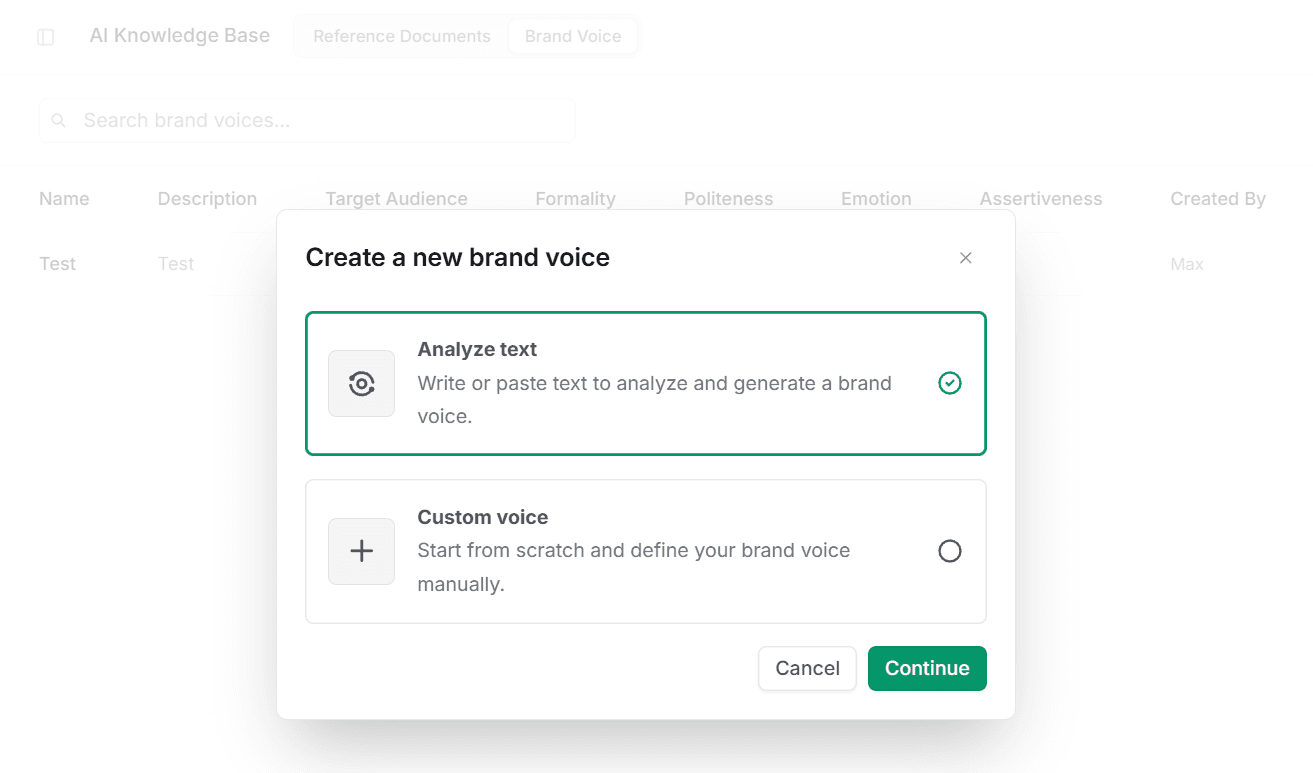 Adding your brand voice in Frase by analyzing text or manually toggling