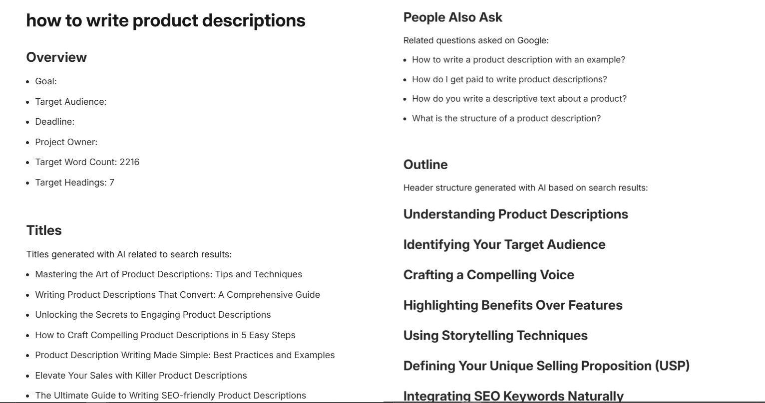 Screenshot of a well researched content brief created by Frase