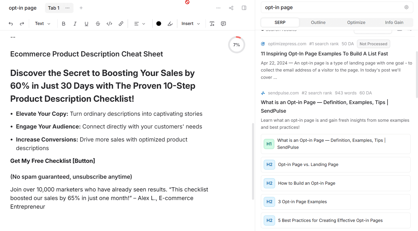 Email copy written by Frase