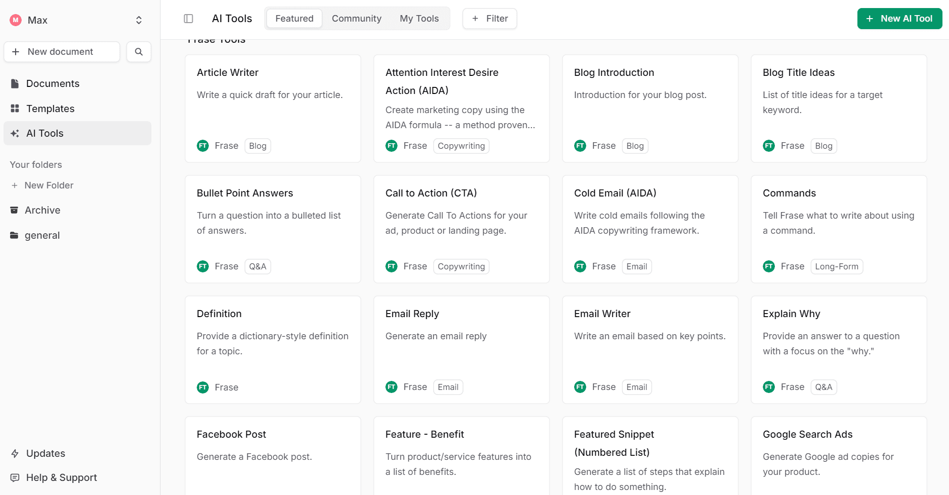 Frase has diverse AI tools you can leverage in a variety of use cases