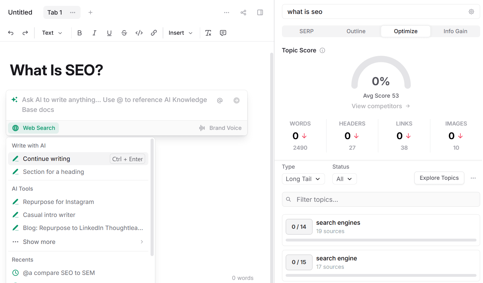 Frase content editor with topic score panel showing 0% and AI optimization options like WORDS, HEADERS, LINKS, IMAGES