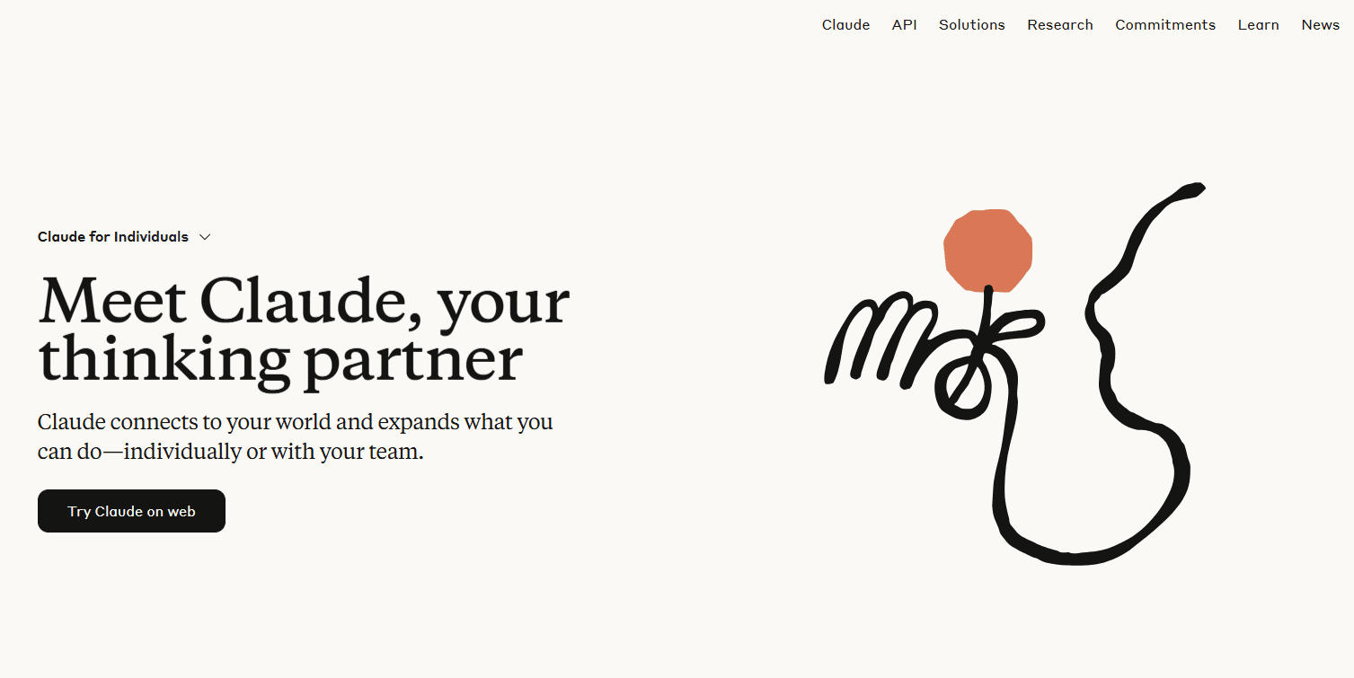 Claude website hero section with abstract line-drawn icon and 'Meet Claude, your thinking partner' heading
