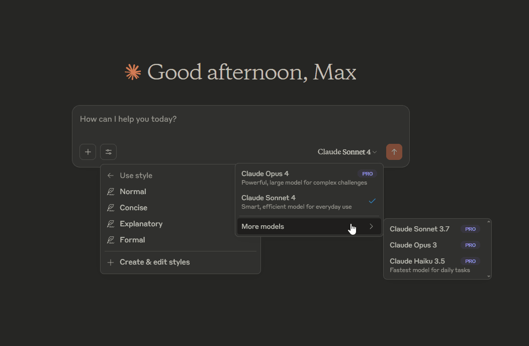Claude chat interface showing 'Good afternoon' greeting and style selection menus (Normal, Concise, Explanatory, Formal)