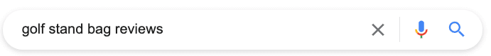 Google search bar displaying 'golf stand bag reviews' query input field