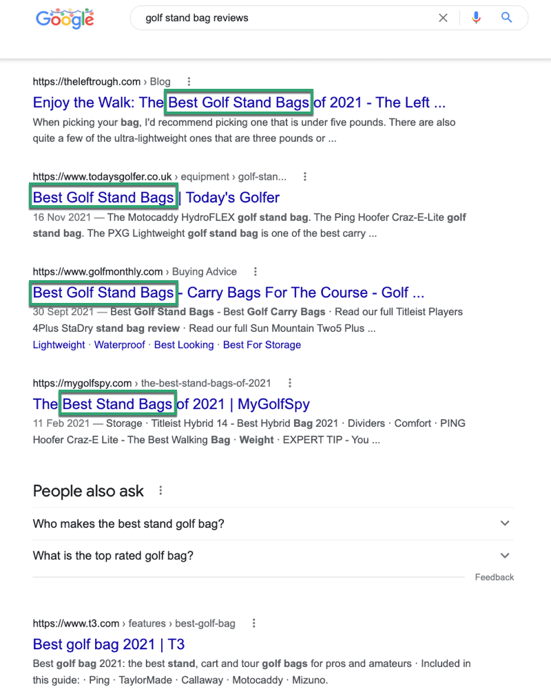 Google SERP showing multiple search listings for 'golf stand bag reviews' with titles, URLs, and descriptions