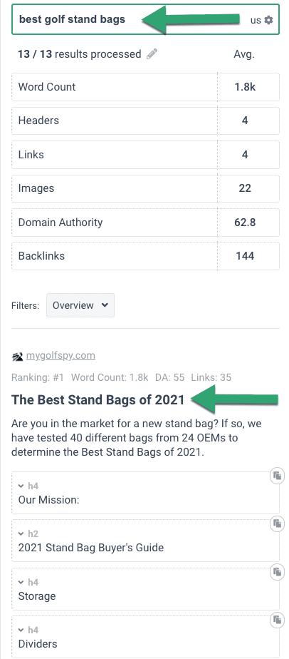 Frase SERP analysis showing metrics table: word count, headers, links, images, domain authority, backlinks