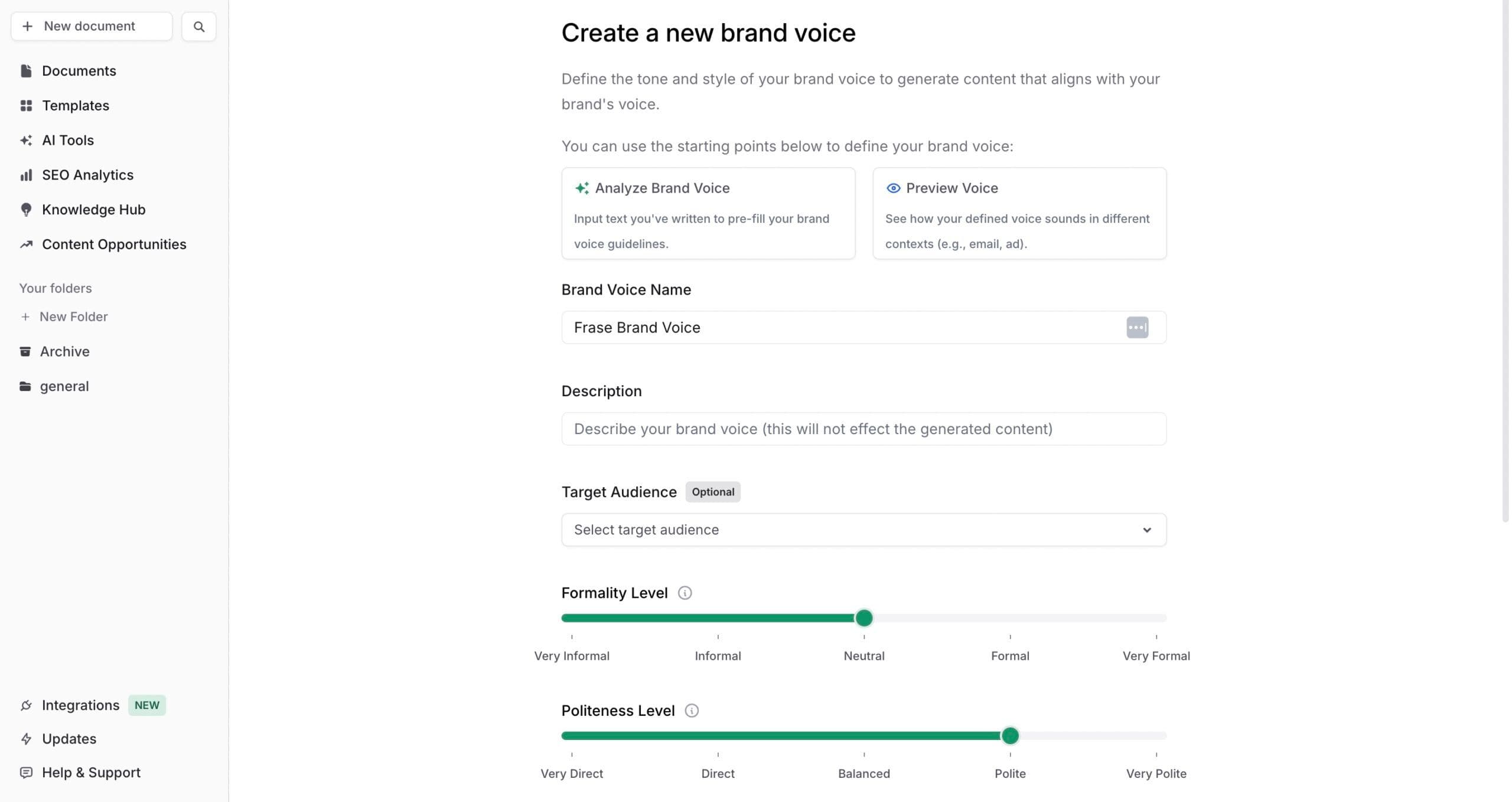 Frase form for creating a brand voice with name, description, and formality/politeness sliders
