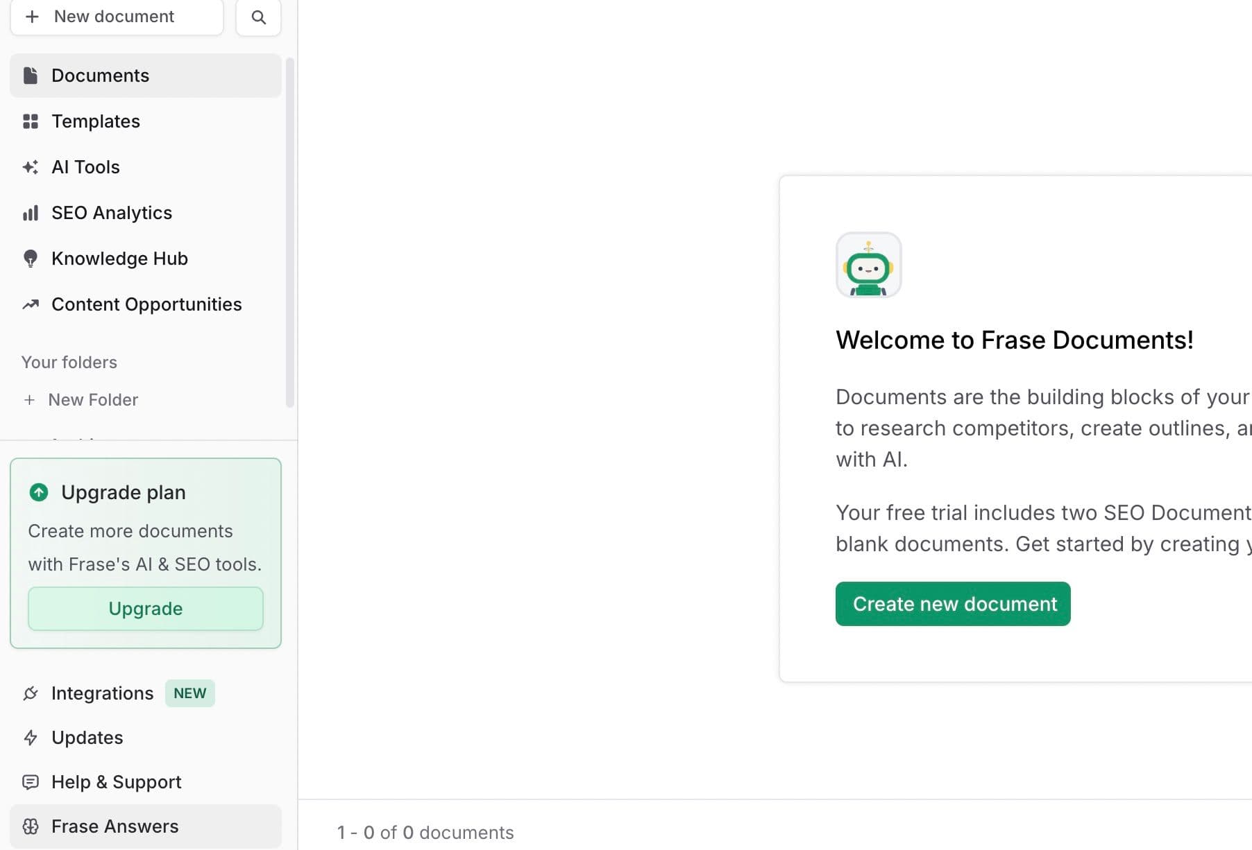 Frase Documents dashboard with a Welcome to Frase Documents onboarding panel