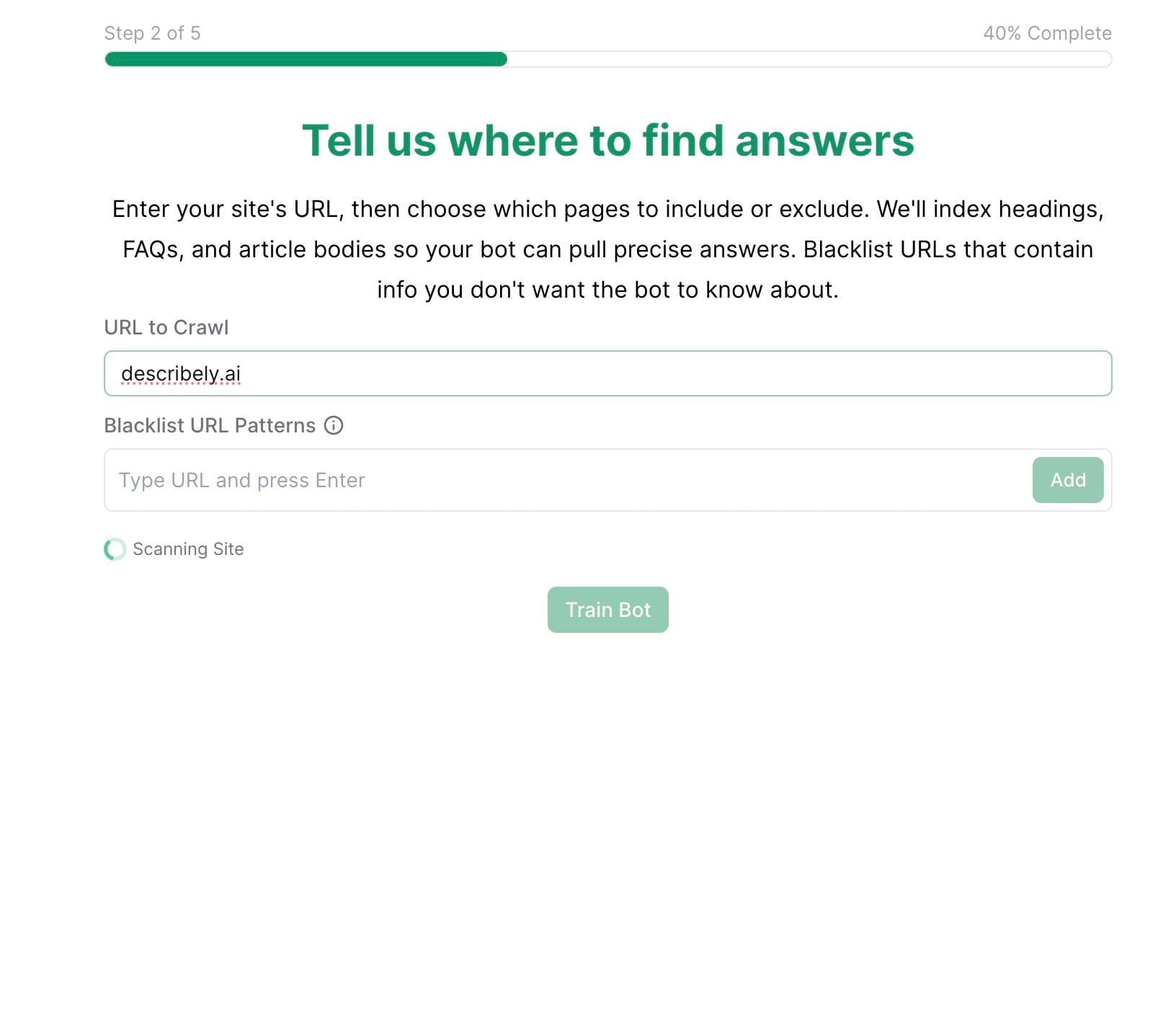 Frase Answers setup step 2 asking for a site URL to crawl, with Train Bot button