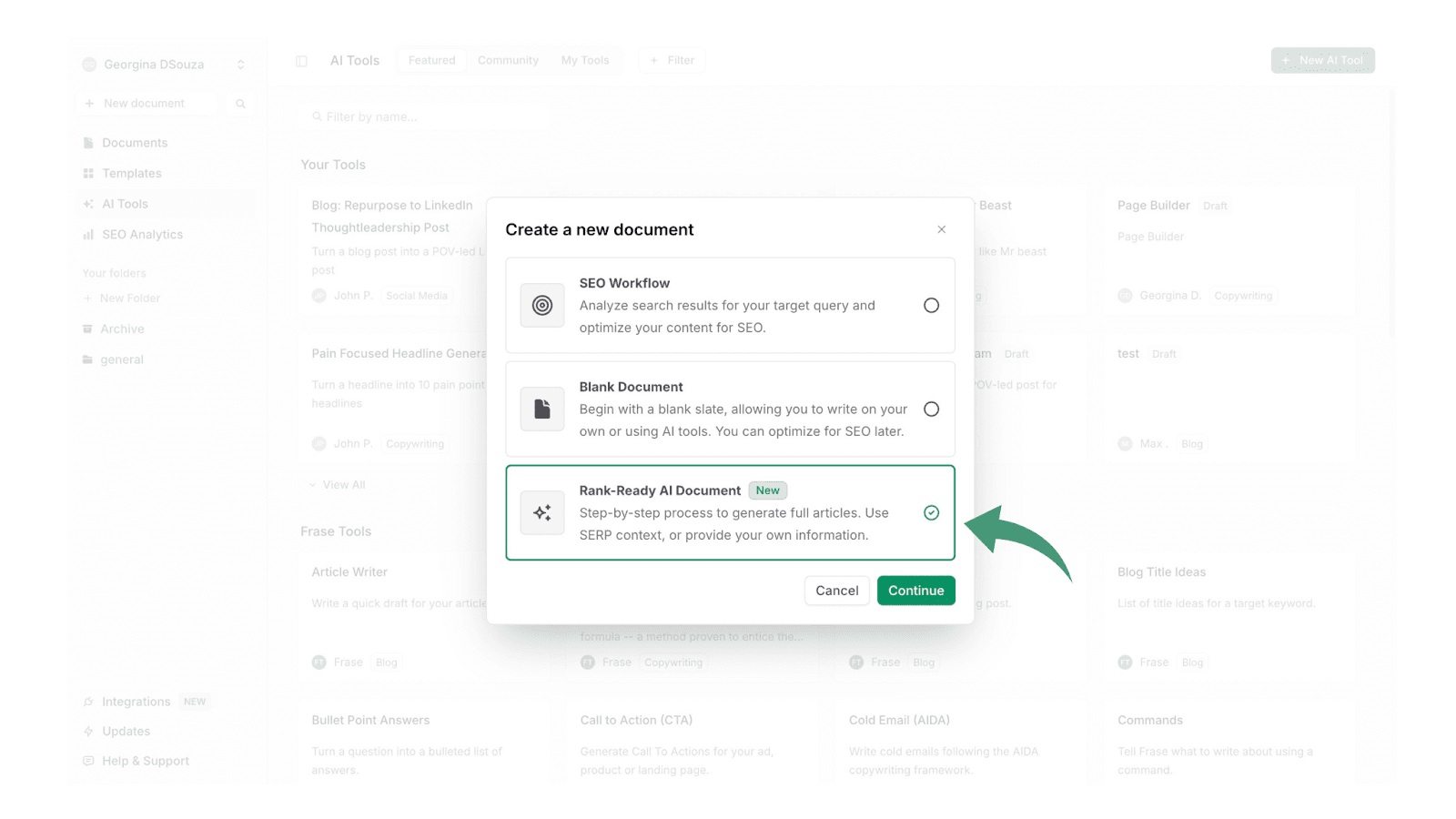 Create a new document modal with Rank-Ready AI Document option selected