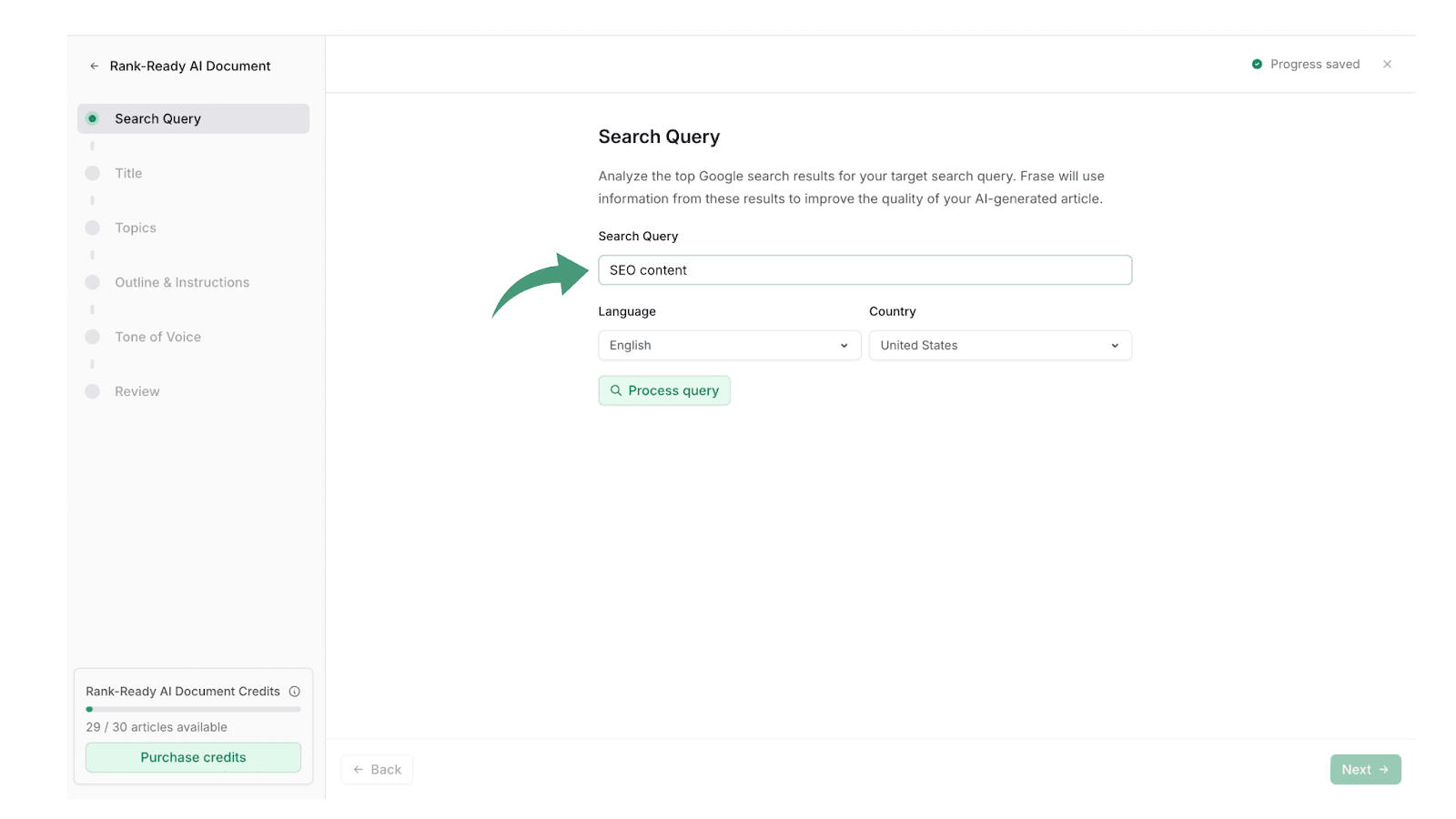 Rank-Ready AI Document search query step with an SEO content search box and arrow