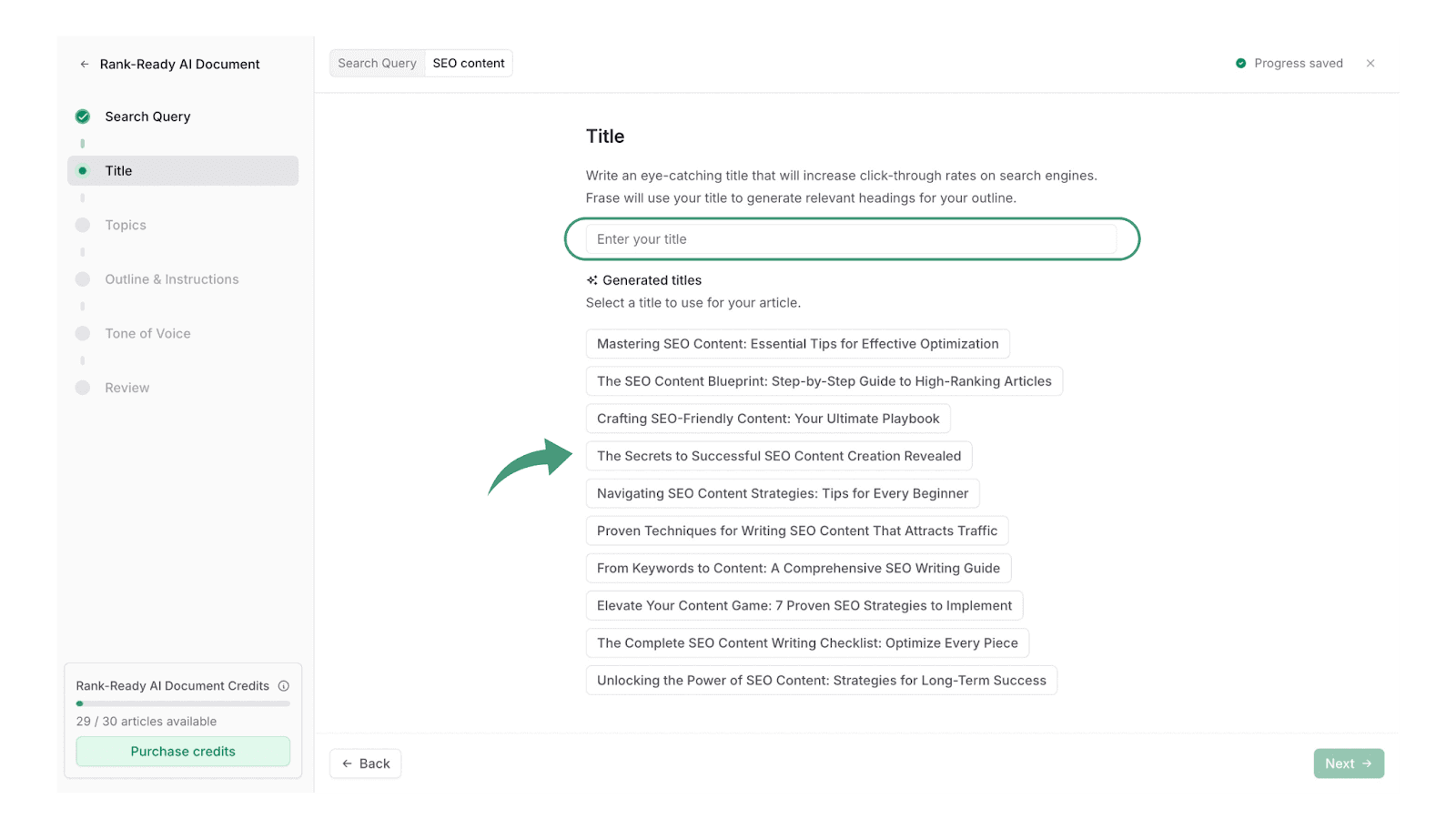 Rank-Ready AI Document title step showing a list of AI-generated title options