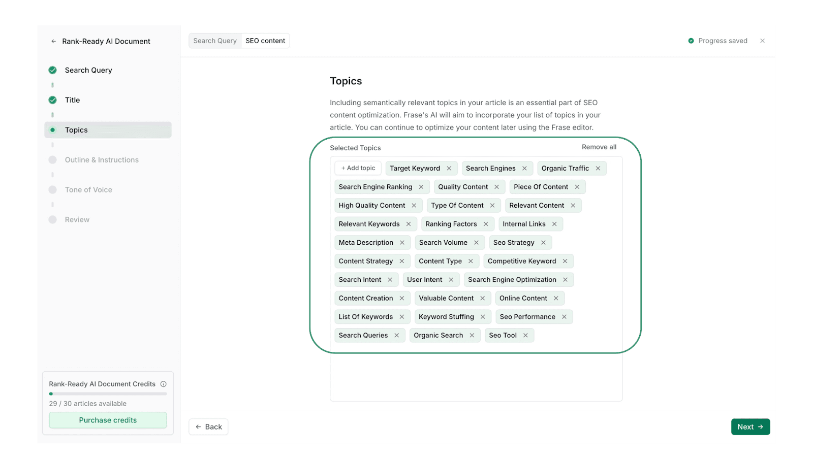 Rank-Ready AI Document topics step with a list of selected SEO-related topic chips