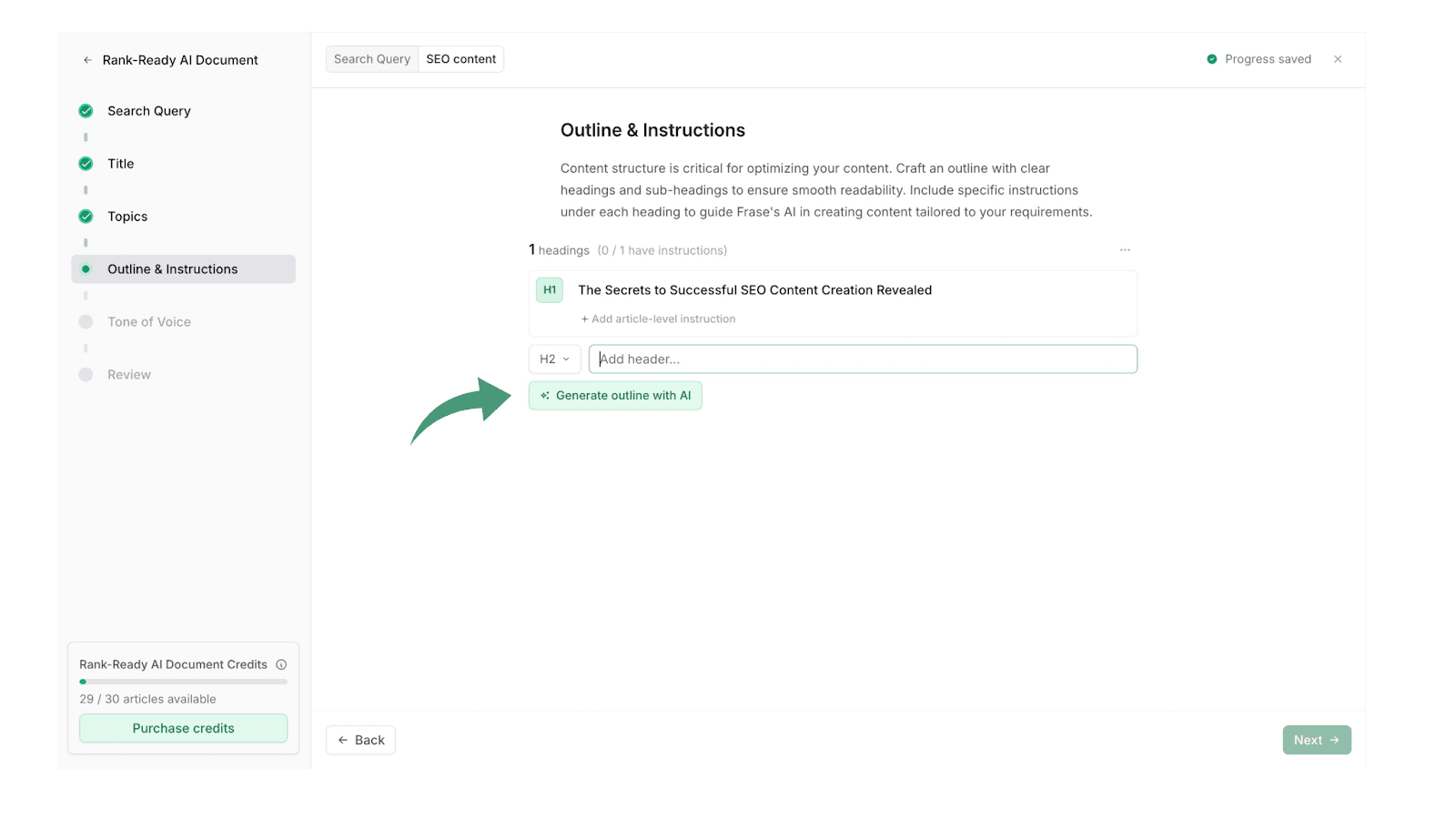 Rank-Ready AI Document outline step with a Generate outline with AI button