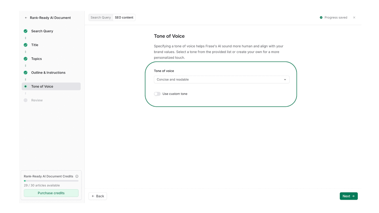 Rank-Ready AI Document tone of voice step with a Concise and readable dropdown selected
