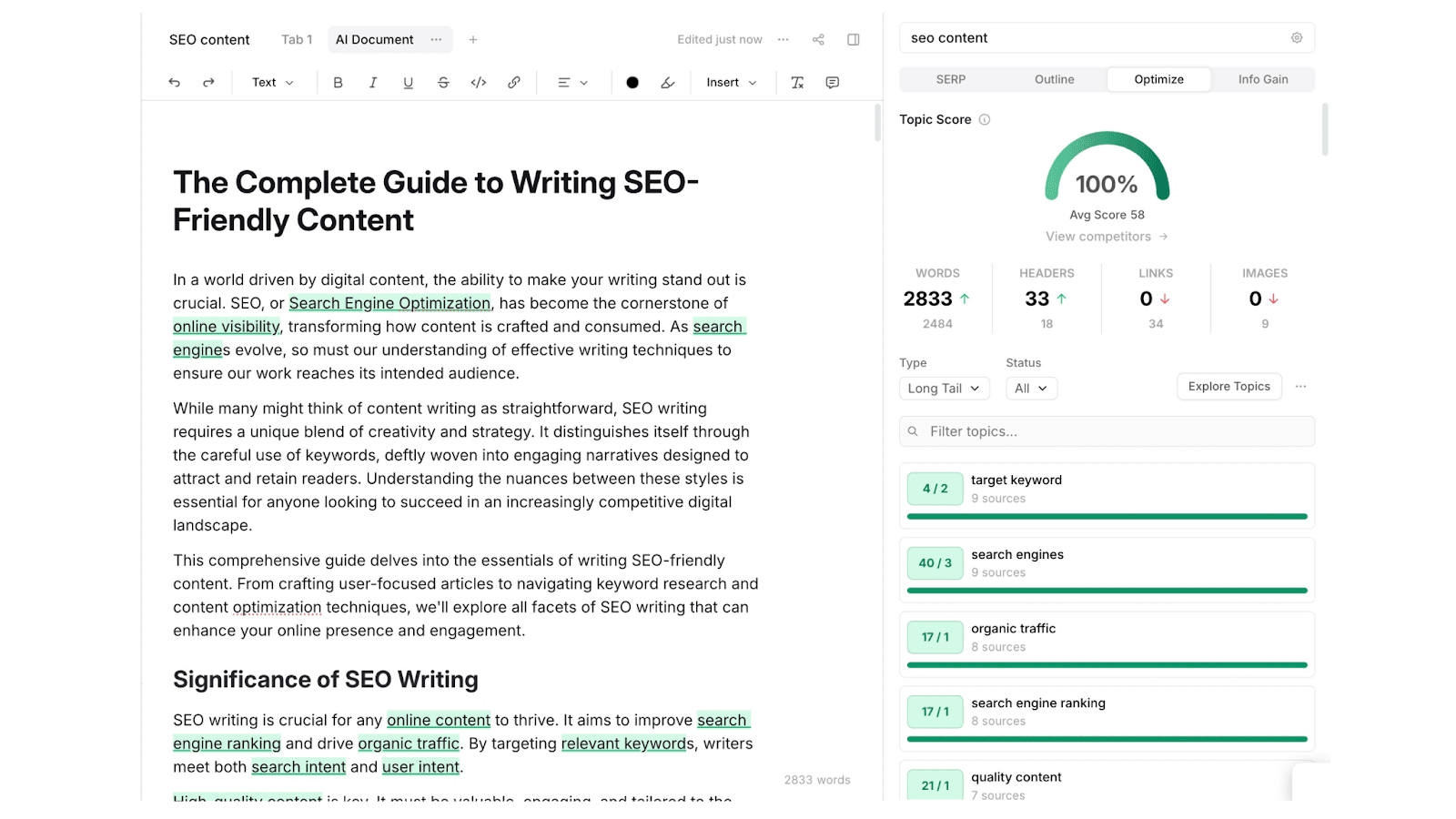 Completed AI-drafted article in the Frase editor with a 100% topic score