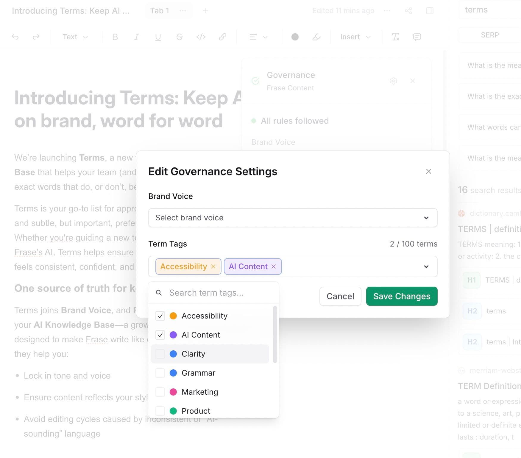 Document editor with Governance Settings modal showing Brand Voice dropdown and Term Tags selection (2/100)