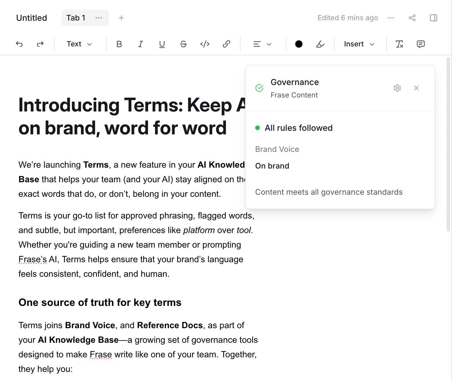 Document editor screen with Governance panel displaying status 'All rules followed' and 'On brand'