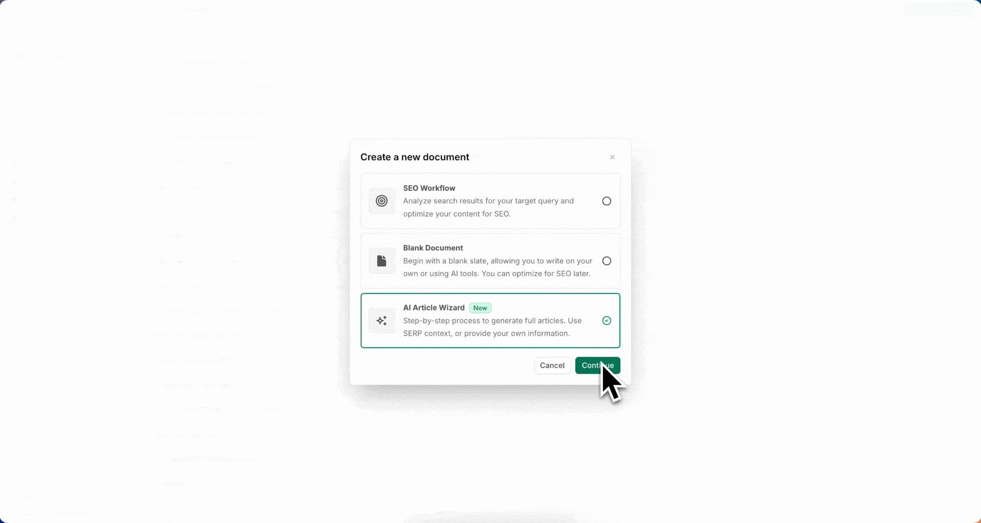 Frase’s Article Wizard offers a step-by-step workflow for generating SERP-based articles.