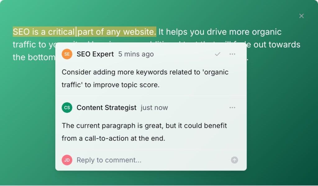 Frase’s new and improved commenting system ensures team communication and edits can take place inside the platform