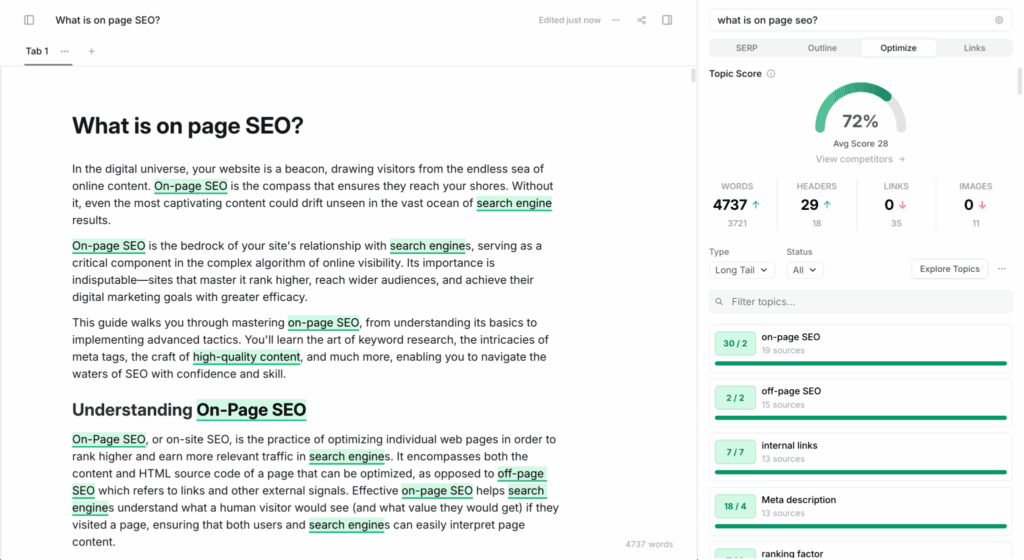 Split-screen showing article content on left and SEO analysis dashboard on right