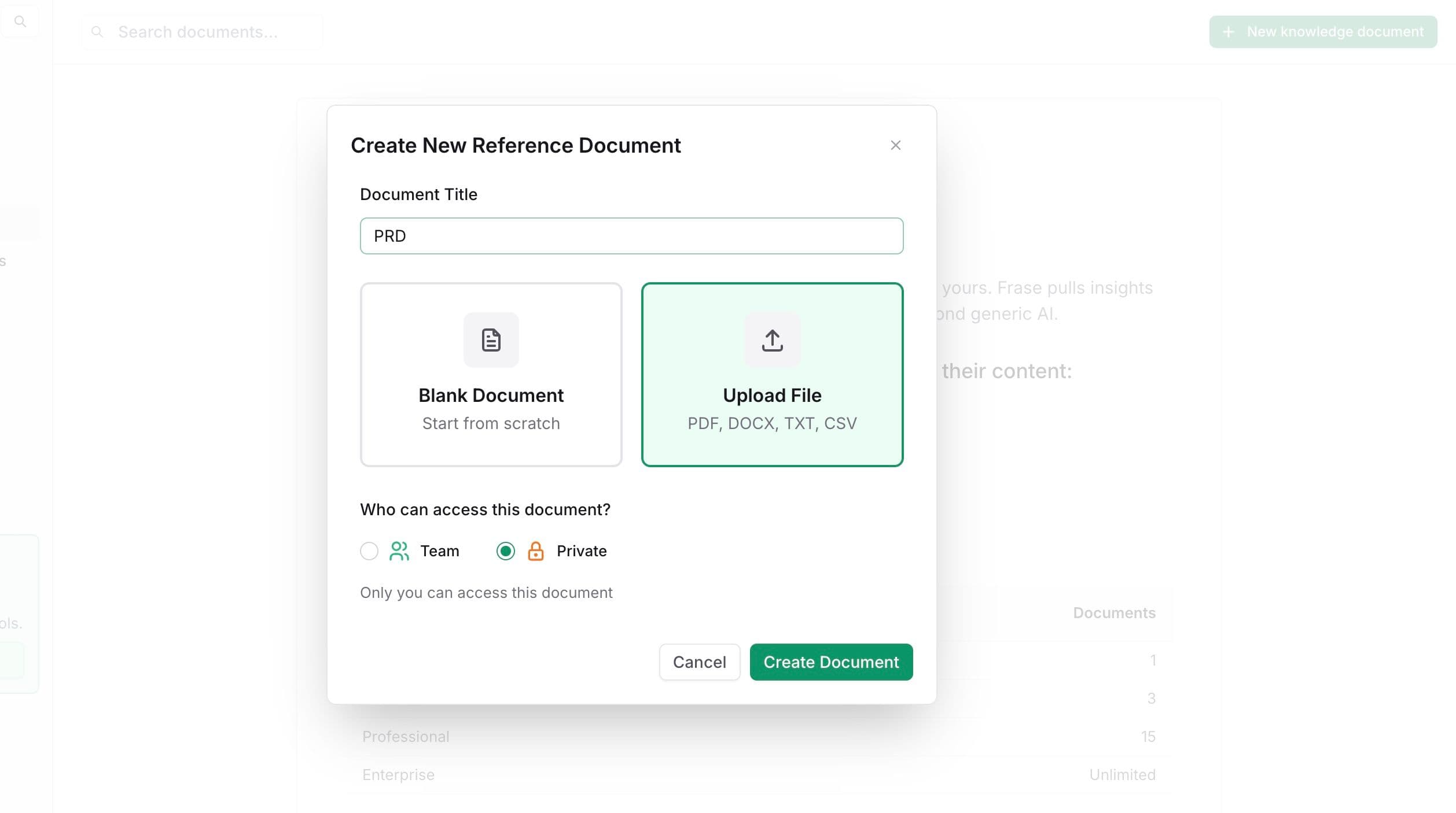 Modal dialog for creating reference document with upload and blank options